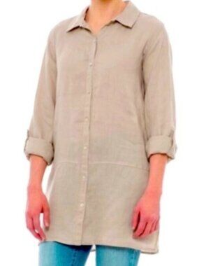 Tahari 100% linen button front drop waist roll tab sleeve tunic top
